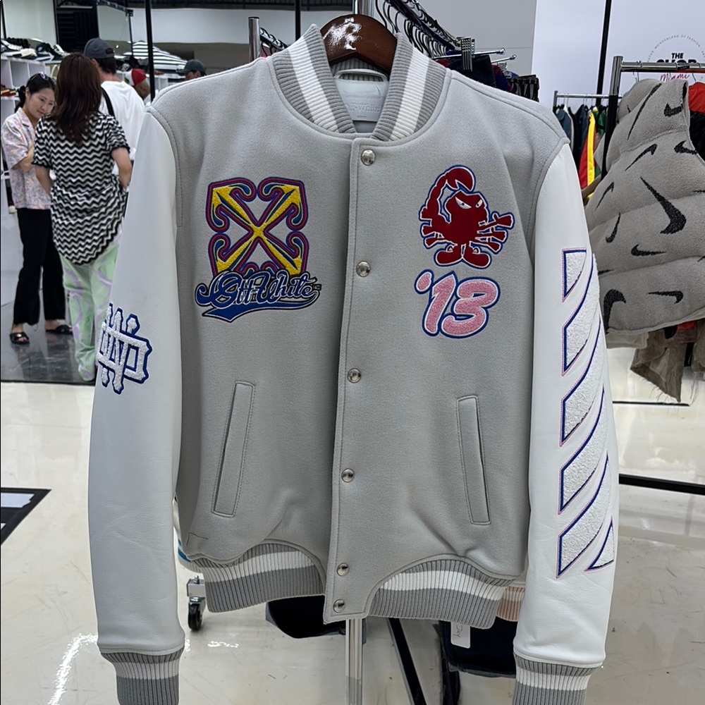 Off-White Gray and White Bomber Varsity Jacket with Modern Graphics